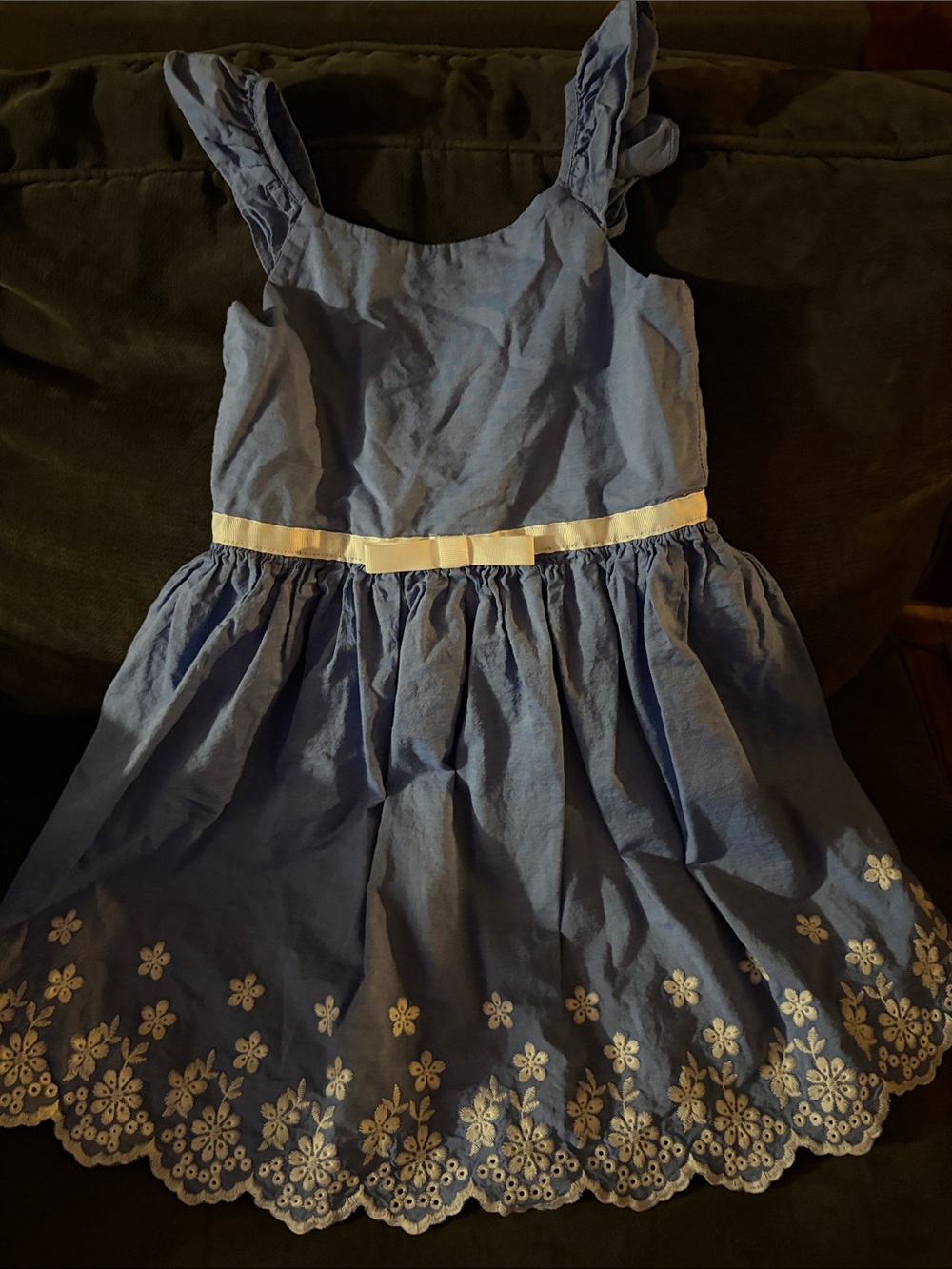 Zunie Blue Floral Eyelet Dress with Cream Bow